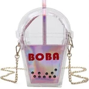 Holographic pink boba cup crossbody bag w/ gold chain NWOT